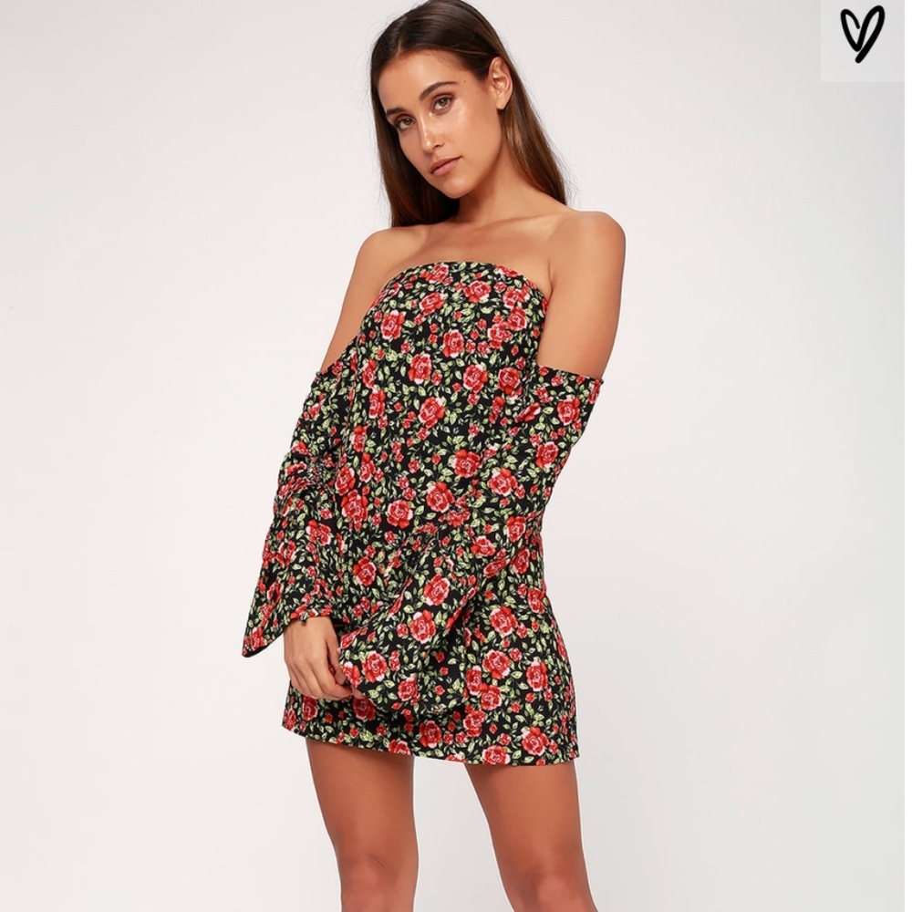 Black Floral Print Long Sleeve Off-the-Shoulder D